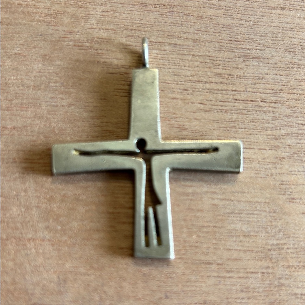 Silver Modernist Cross Jesus Cut Out Artisan Made Stamped Unique OOAK